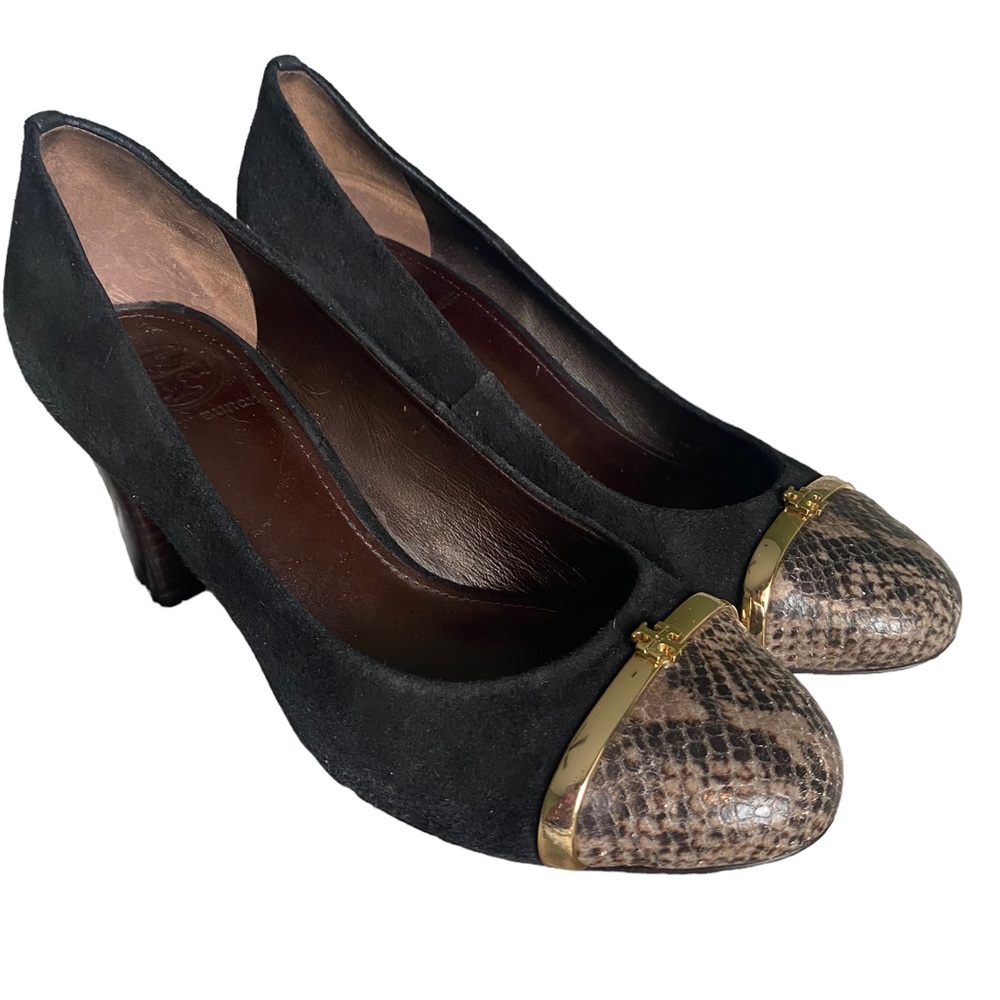 Tory Burch Pacey Pump Black Suede Snakeskin Cap Toe Size 7 Great Condition
